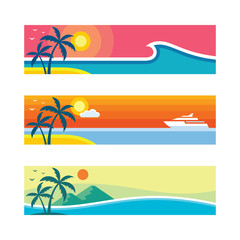 Fototapeta na wymiar Summer travel - set of horizontal concept banner templates, vector illustration in flat style. Vacation creative layouts. Tropical holiday paradise decorative posters. Graphic design background. 