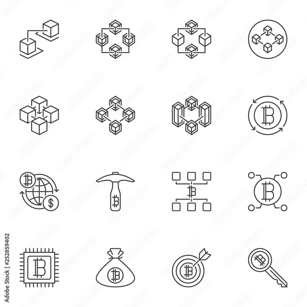 Poster set of blockchain technology outline vector icons. block chain concept signs or design elements in t