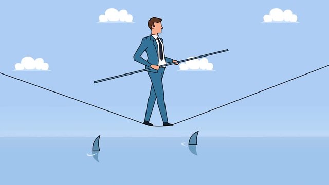 Flat cartoon businessman character walking a tightrope over the sea with sharks circus stunt concept animation