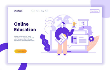 Vector online education web page banner concept with big modern man holding light bulb and check list. Virtual school illustration design template