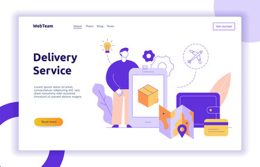 Vector delivery service design concept web banner with big modern flat line man, wallet, credit card, box, map icons. Logistics illustration with app screen on mobile device 