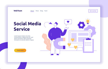 Vector advertisement and marketing social media service strategy web page banner design template with big modern flat line man. Person holding magnet and chat bubble with heart illustration.