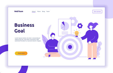 Vector teamwork and business strategy web page banner design template with big modern flat line people. Man and woman holding target symbol illustration.