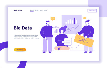 Vector big data web page banner concept  design template with big modern flat line people holding charts. Research and analytics illustration with graphs