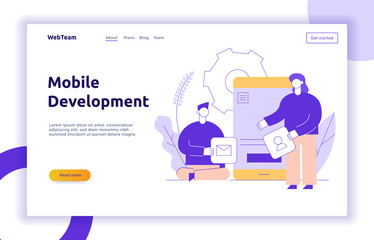 Vector mobile application or website development process with big modern flat line people illustration. Web page banner coding concept with smartphone, cog, app icons