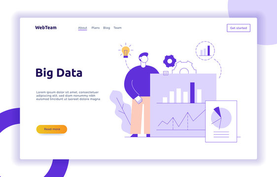 Vector big data web page banner concept  design template with big modern flat line man holding chart. Research and analytics illustration with graphs, cogs, light bulb