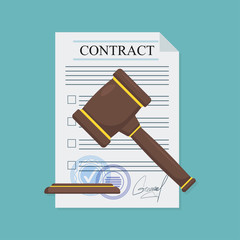 Approved contract with a hammer in flat style, business concept, vector