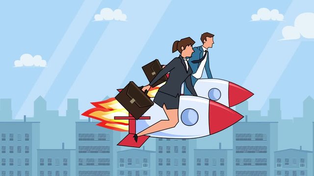 Flat cartoon businesswoman and businessman characters  fly on rocket race concept animation