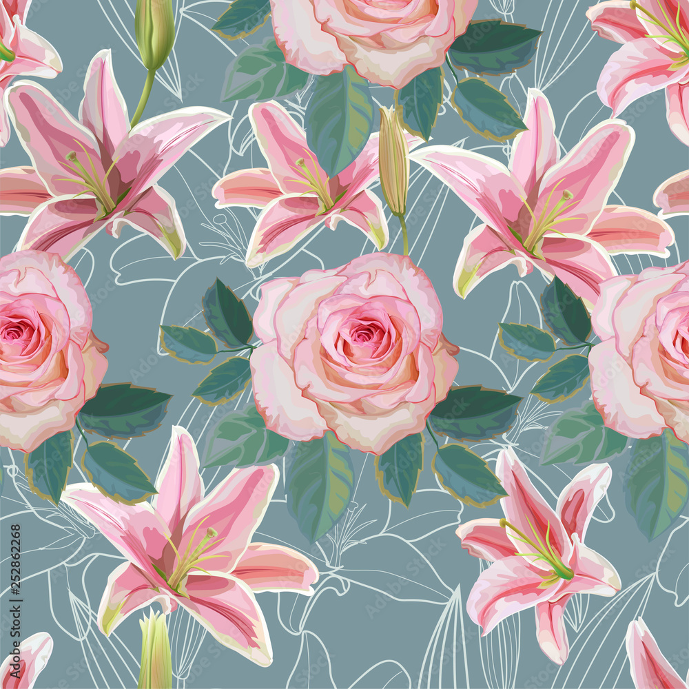 Wall mural Flower seamless pattern with pink rose and lily  vector illustration