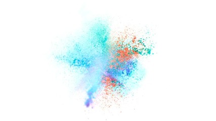 Super slowmotion shot of color powder explosions isolated on white background.