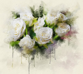 White roses bouquet. Beautiful digital watercolor for poster, print, birthday cards, invitations