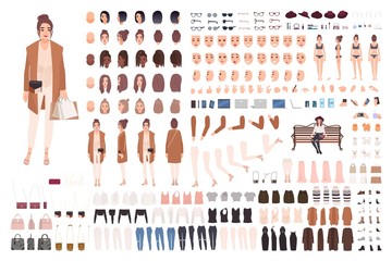 Young stylish woman creation set or constructor kit. Set of body parts, trendy casual clothes, gestures, faces, postures. Female cartoon character. Front, side, back views. Flat vector illustration.