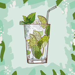 Mojito fresh Contemporary classic cocktail illustration. Alcoholic bar drink hand drawn vector. Pop art - 252864224