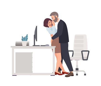 Sexual harassment, assault and abuse incident. Male boss groping female office worker or employee in workplace. Violence and coercion at work, abusive behavior. Flat cartoon vector illustration.
