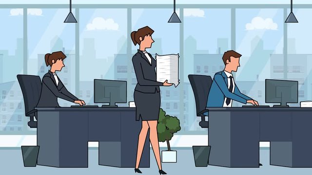 Flat cartoon business people in the workplace office animation