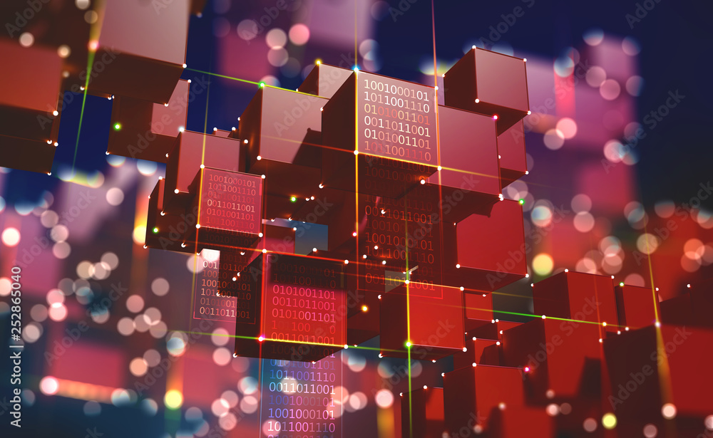 Aufkleber Block chain. The global architecture of the information space of the future. 3D illustration of an array of cubes with bright neon rays of light.