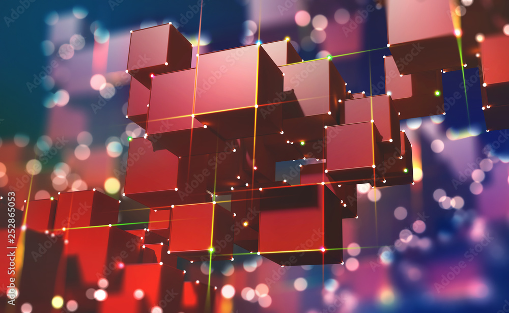 Poster Block chain. The global architecture of the information space of the future. 3D illustration of an array of cubes with bright neon rays of light.