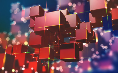 Block chain. The global architecture of the information space of the future. 3D illustration of an array of cubes with bright neon rays of light.
