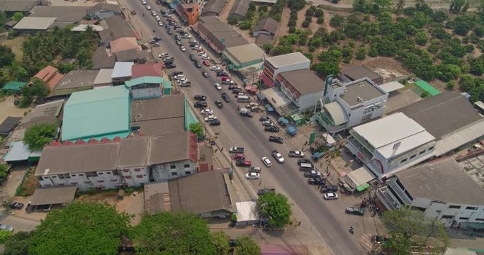 Ban Kad Thailand Aerial v2 Panning birdseye to traveling panoramic town views - March 2018