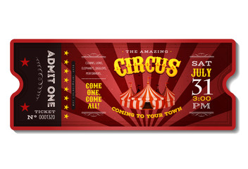 Vintage Circus Ticket/ Illustration of a vintage and retro design circus ticket, with big top, admit one coupon mention, bar code and text elements for arts festival and events © benchart