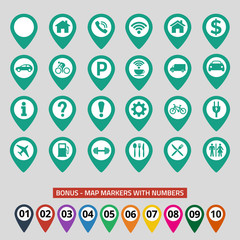 Map pin location icons set on gray background.