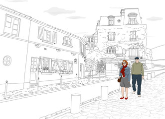 Hand drawn illustration. A couple wanders the beautiful back streets of Montmartre, Paris, on a lovely day.