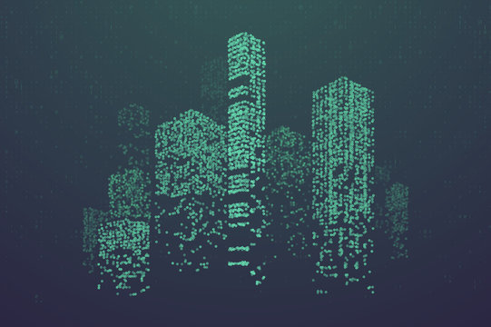 Glowing particles in form of futuristic city skyline. Futuristic dots pattern, abstract binary code  illustration