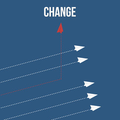 Think differently concept. Red airplane changing direction. New idea, change, trend, courage, creative solution, innovation and unique way concept.