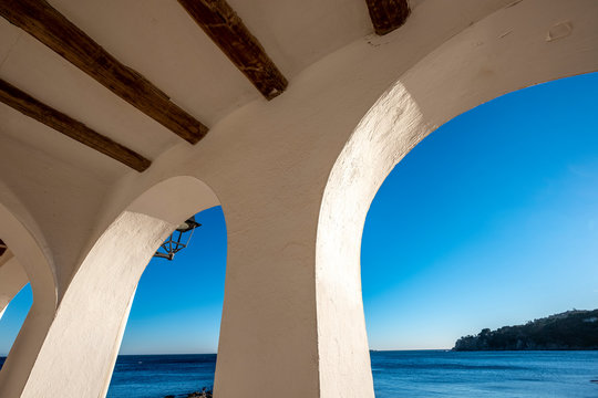 Details of the fishing village and white architecture in Calella de Palafrugell