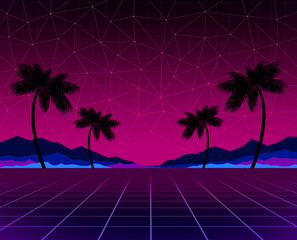 Fototapeta premium Glowing neon, synthwave and retrowave background template. Retro video games, futuristic design, rave music, 80s computer graphics and sci-fi concept.