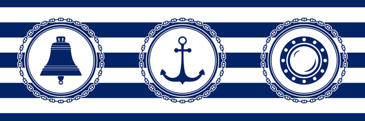 Banner with Sea Emblems on Seamless Striped Marine Background, Ship Bell and Anchor and Porthole , Vector Illustration