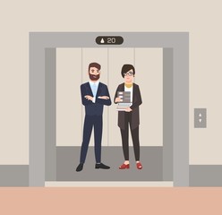 Pair of happy friendly male and female employees or office workers standing in elevator with open doors. Colleagues waiting inside lift stopped on floor of building. Flat cartoon vector illustration.