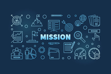 Fototapeta na wymiar Mission outline blue horizontal illustration or banner on dark background