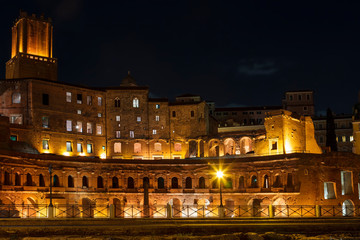 Night view of Trajan's market, the ruins of commercial buildings in the forum of Trajan in Rome. Italy