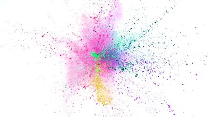 Super slowmotion shot of color powder explosions isolated on white background.