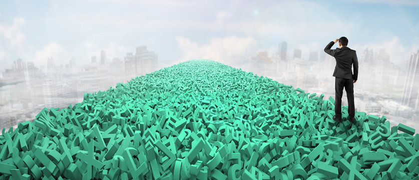 Big data highway concept, huge amount of 3d green letters and numbers form a road with doodles concrete wall on both side, blank white background.