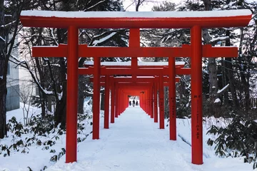 Fototapeten Touristen bewundern die Struktur des Schreins Fushimi Inari Taisha in Sapporo, Japan. Diese Aufnahme entstand im Winter. Rote Torii-Tore mit Schnee bedeckt. © MANGKORN