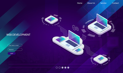 Web development and coding. Cross platform development website. Adaptive layout internet page or web interface on screen laptop, tablet and phone. Isometric concept illustration.
