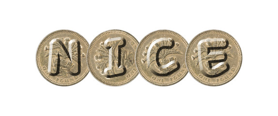 NICE word with British coins on white background