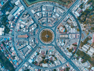 Road and Roundabout top view, Road traffic an important infrastructure in Thailand. Vintage color tone