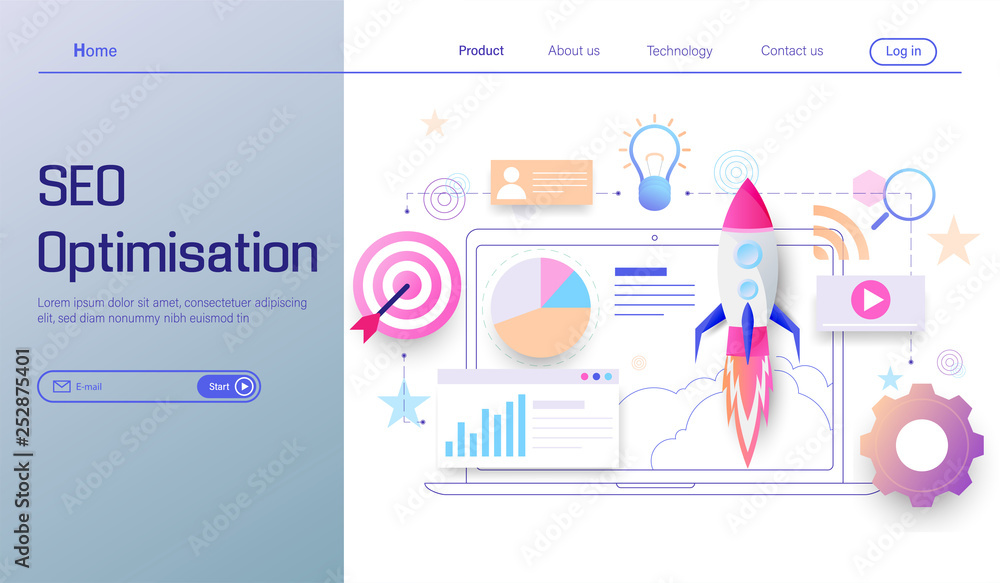 Poster seo optimization technology modern flat design, search engine analytics, web analytics, social and d
