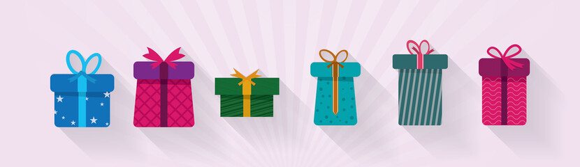 Set of different vector presents gifts. Cartoon vector gifts illustration.