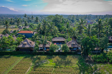 Obraz premium Aerial view of luxury villas with swimming pool in rice fields, Ubud, Bali, Indonesia