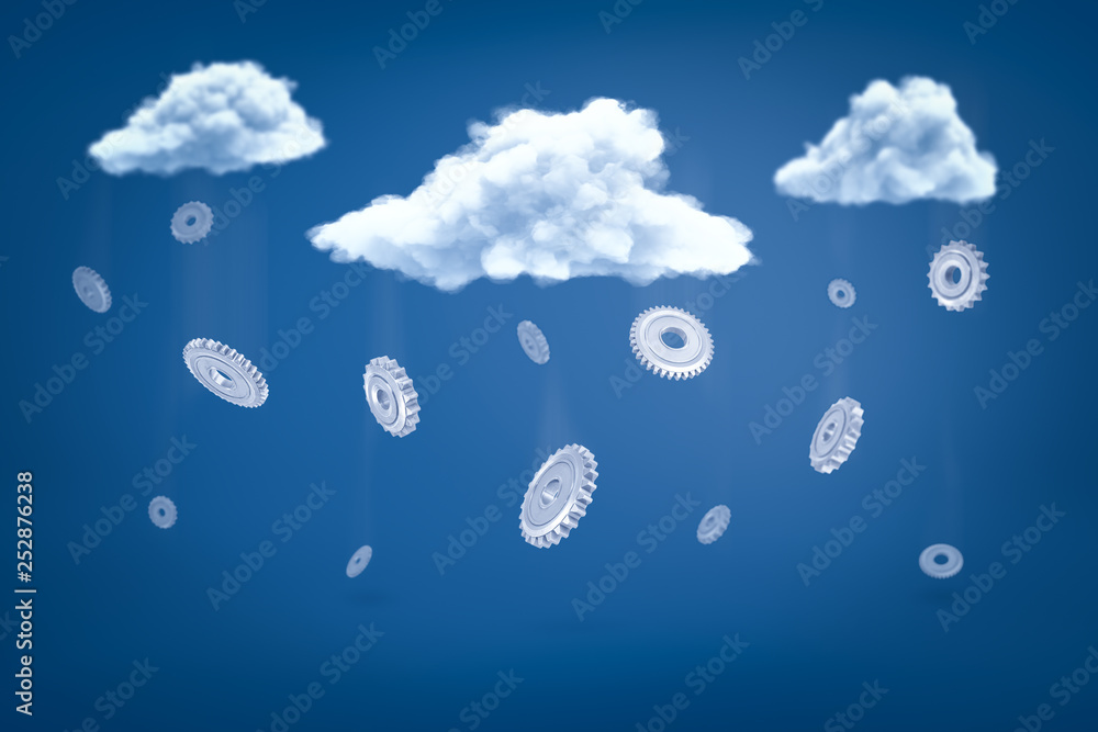 Poster 3d rendering of a lot of grey cogwheels falling down from three white clouds on blue background.