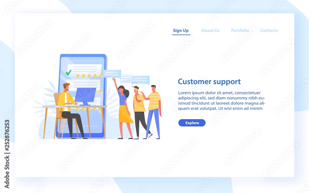 Poster Web banner template with technical online consultant or manager wearing headphones sitting at computer, five star rating and group of clients. Customer support. Flat colorful vector illustration.