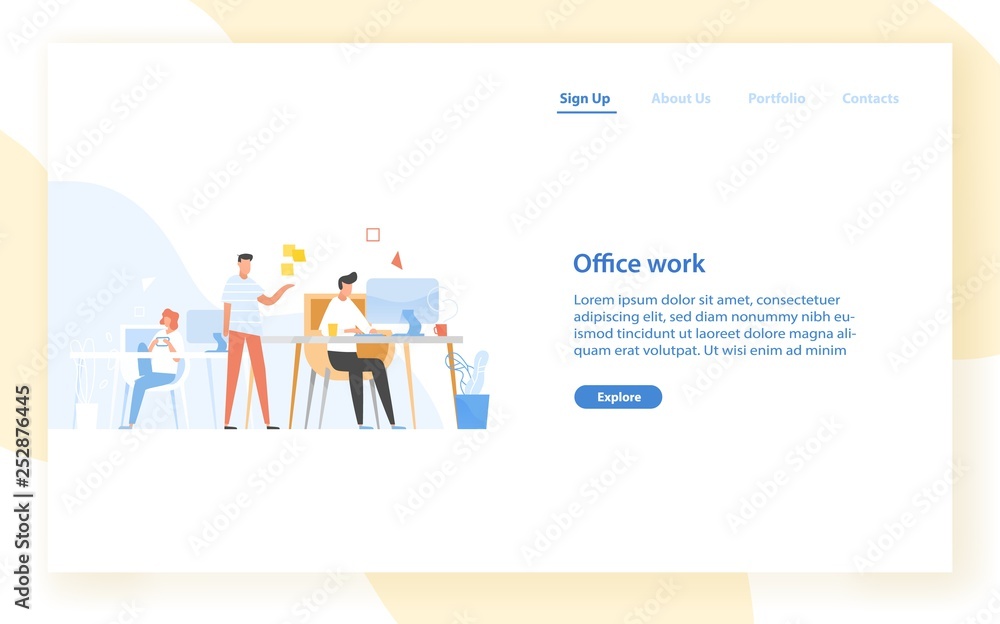 Aufkleber Web banner template with programmers or coders working together at office. Software development, programming or program coding. Colleagues at work. Modern flat vector illustration for website.