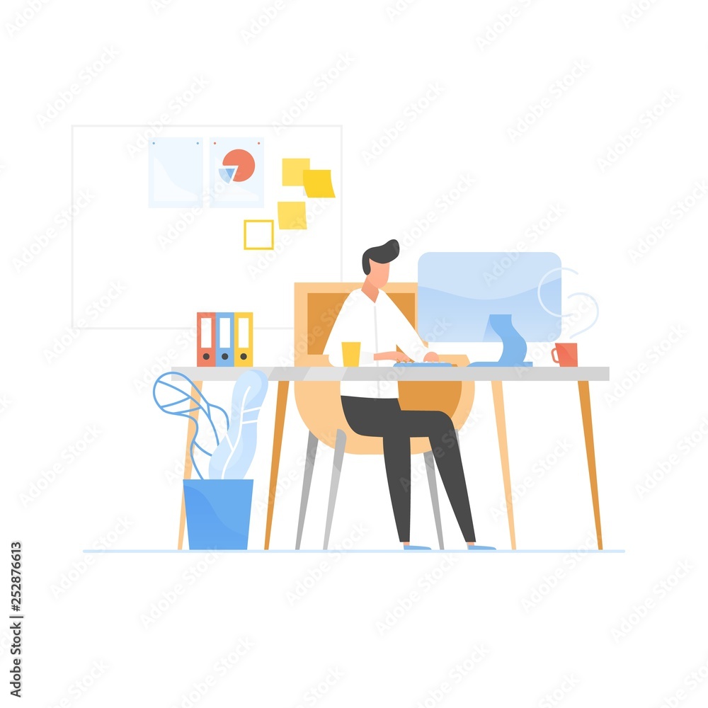 Aufkleber Programmer or coder sitting at desk and working on computer. Work in software development and testing, programming or program coding. Office worker or employee. Modern flat vector illustration.