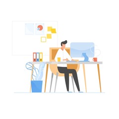 Fototapeta na wymiar Programmer or coder sitting at desk and working on computer. Work in software development and testing, programming or program coding. Office worker or employee. Modern flat vector illustration.