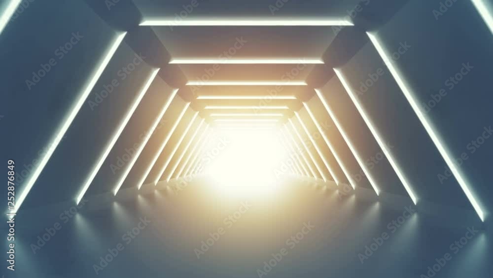 Poster futuristic tunnel with fluorescent lights. sci-fi interior corridor. 3d render seamless loop animati