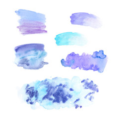 Watercolor hand painted abstract blue stains set isolated on white background